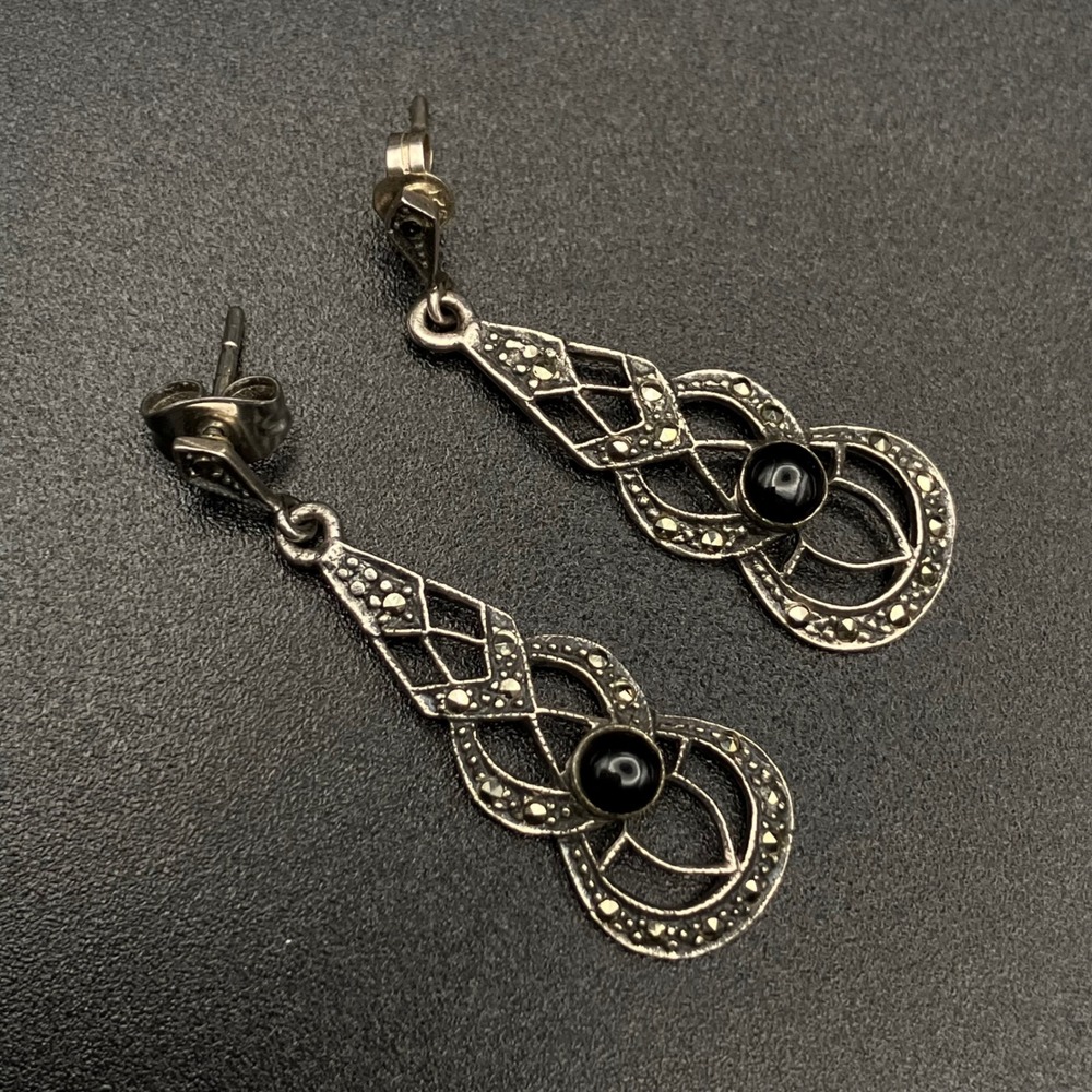 Vintage Sterling Silver Drop Earrings Black Stone Marcasite Art Deco Style 1.5"